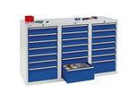 Schubladenschrank, HxBxT 900 x 1500 x 500 mm, 18 Schubladen 100 mm, 3 Schubladen 200 mm hoch, Korpus grau, Schubladen enzianblau kaiserkraft