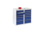 Schubladenschrank, HxBxT 900 x 1000 x 500 mm, 8 Schubladen 100 mm, 4 Schubladen 200 mm hoch, Korpus grau, Schubladen enzianblau kaiserkraft