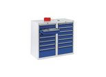 Schubladenschrank, HxBxT 900 x 1000 x 500 mm, 12 Schubladen 100 mm hoch, 2 Schubladen 200 mm hoch, Korpus grau, Schubladen enzianblau kaiserkraft