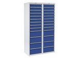 Schubladenschrank, HxBxT 1800 x 1000 x 500 mm, 18 Schubladen 100 mm, 8 Schubladen 200 mm hoch, Korpus grau, Schubladen enzianblau kaiserkraft