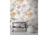 Fototapete A.S. CrÉAtion "Aquarell Dreams Blumen-Tapete Mustertapete Aquarellfarben Blumen", Bunt (Beige,Orange,Blau), B:1,59M H:0,02M L:2,8M, Vlies, Tapeten, Vliestapete Landhaus FüR Schlafzimmer KüChe Wohnzimmer Blumen Design