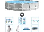 Piscina Intex Round Prism Frame - 457 X 107 Cm - Grigio - Inclusa Pompa - Scaletta - Telo Di Fondo - Pacchetto Manutenzione Copertura - Filtro - Kit Pulizia