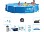 Piscina Intex Con Struttura Rotonda - 366 X 76 Cm - Blu - Pompa Inclusa - Tenda Da Sole - Pacchetto Manutenzione - Filtro - Telo Di Fondo - Kit Di Pulizia - Tappeto Solare