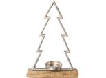 Teelichthalter Creativ Deco "Weihnachtsdeko", Silber (Silberfarben, Natur), B:23Cm H:34Cm T:8Cm, Aluminium, Holz Teilmassiv, Kerzenhalter, Teelichthalter, Auf Hochwertiger Mangoholzplatte, In Tannenbaum-Form, HöHe Ca. 34 Cm