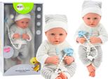 Bambola Bebè Con Vestiti A Righe Bianche E Grigie, Cappello, Ciuccio, Coperta