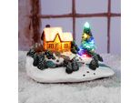 Scena Natalizia A Led - 18 Cm - Casa Con Abeti Illuminata Con 6 Led Colorati