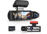 Dash Cam Con 64GB Sd Card, Fhd 1080P 3,16 Pollici Ips Touchscreen Display Doppia Telecamera Auto Con Super Visione Notturna, Wdr, Grandangolo