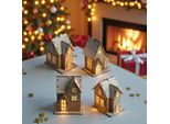 Casetta Di Natale In Legno A Led Da 10 Cm Da Appendere Con Batteria Inclusa - Set Di 4 - Villaggio Natalizio Decorativo Con Illuminazione In Bianco Caldo