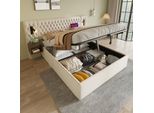 Letto Imbottito Idraulico Flieks 180X200Cm Con Usb E Comodino, Letto Matrimoniale Box Spring Con Lampada Da Lettura, Letto Contenitore Letto In Legno Velluto, Beige