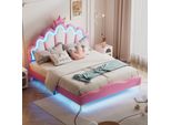 Letto Imbottito Merax 140X200Cm Con Led, Letto Matrimoniale Con Testata A , Letto Per Bambini Piatto Con Testata Regolabile In Altezza, Letto Per Ragazzi In Pelle Finta, Rosa