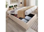 Letto Imbottito Sweiko, Letto Singolo 90×200 Cm, Rete Sturaumbett Con USB-C E Rete A Doghe A Superficie Intera, Senza Testata, Lino, Naturale, Senza Materasso