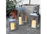 3 Lanterne Da Giardino Lanterna In Metallo Argento H24/33/41Cm