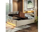 Letto Imbottito Letto Singolo 90 X 200, Testata Contenitore Con Porta Usb E Tipo C, Letti Led Con Contenitore Idraulico, Beige, Senza Materasso