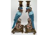 Casa Padrino Set Di Candelieri Liberty Pappagalli Blu / Rosa / Multicolore / Oro 15,3 X 15,9 X H. 36,3 Cm - Eleganti Candelieri In Porcellana - Accessori Decorativi Barocchi E Liberty