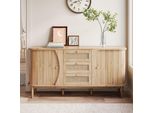 Credenza Merax 140,5X40X76 Cm In Look Legno Con Cassetti In Rattan, Cassettiera Con Ante Scorrevoli E Piano Arrotondato, Ampio Spazio Per Soggiorno, Sala Da Pranzo E Corridoio