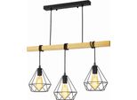 Lampada A Sospensione A 3 Luci - Legno E Metallo Con Paralume A Gabbia Nero - Stile Nordico E Retrò - Attacco E27