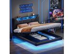 Letto Imbottito Proximax 160×200 Cm In Nero Con Molla A Gas, Vano Contenitore, Illuminazione A Led Su Testiera E Pediera, Connessione Di Ricarica Usb - Letto Matrimoniale Moderno