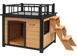 Pawhut Cuccia Per Cani Con Balcone, Casetta Per Animali Rialzata Con Scale, Finestra, Grotta Per Cani Di Piccola E Media Taglia, Legno Di Abete, Giallo, 121 X 77 X