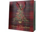 Sacchetto Regalo Natalizio 12X30X42Cm Grande A Scacchi Con Albero Di Natale