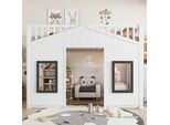Letto A Castello Merax 90X200Cm Con Protezione Anticaduta E Ringhiera, Letto Casa Con Scale, Letto Per Bambini Con Finestra In Pino + Mdf, Bianco, Base Letto Personalizzabile