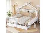 Letto Per Bambini Merax 140X200 Cm Con Protezione Anticaduta E Ringhiera, Letto Per Ragazzi Con Design A Tetto E Ripiano Di Contenimento Di 2 M, Due Cassetti Con Rotelle, Bianco+Naturale, Pino+Mdf