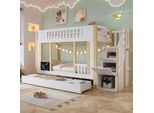 Letto A Castello Merax 90X200Cm In Pino Massiccio + Mdf, Letto Per Bambini Con Armadio Per Scale, Tre Cassetti Su Rotelle E Asse, Bianco + Naturale