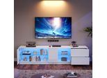 Mobile Tv Merax 160X40X52 Cm, Lavagna Led Per Tv 65", Bianco Lucido, Credenza Per Soggiorno Con Cassetti E Vetro, Luce Usb"