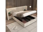 Letto Imbottito Flieks 160X200Cm Con Funzione Di Ricarica (Usb E Presa), Letto A Molle Insacchettate Letto Matrimoniale Con 2 Comodini, Letto In Legno Con Rete A Doghe, Velluto, Beige