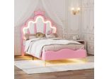 Letto Imbottito Merax 90X200Cm, Letto Da Principessa Con Luci Led, Testata Regolabile, Gambe Dorate, Design A Corona, Pu, Letto Per Bambini, Letto Per Ragazzi, Rosa