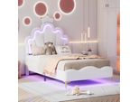 Letto Imbottito Merax 90X200Cm, Letto Da Principessa Con Luci Led, Testata Regolabile, Gambe Dorate, Design A Corona, Pu, Letto Per Bambini, Letto Per Giovani, Bianco