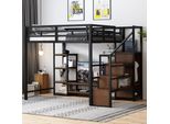 Letto A Soppalco Merax 140X200 Con Porta Tv, Letto Per Bambini Con Presa Di Corrente E Scala Di Sicurezza, Letto A Castello In Metallo E Legno, Letto A Soppalco Salvaspazio, Nero