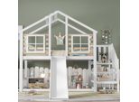 Letto A Castello Merax 90X200 Cm Con Scale E Ringhiera, Letto Per Bambini Con Scivolo In Legno Massiccio, Letto In Legno Con Design A Capanna E Finestra, , Bianco