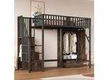 Letto A Soppalco In Metallo Merax 90X200 Cm Con Armadio E Scala Di Contenimento, Letto Per Bambini Con Cassetti, Ringhiera In Legno-Metallo, Letto A Soppalco Moderno Nero