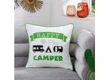 Gilde Kissen, Quadratisch, "Happy Camper"", Wohnwagenmotiv, Polyester, GrüN, Weiß, Ve 3, B. 45 Cm, H. 45 Cm 44283 /Abverkauf Nur Solange Vorrat Reicht"
