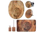Badaccessoire-Set SANILO Rustikal, braun, Holz, Badaccessoires-Sets, bestehend aus WC-Sitz, Badteppich, Stöpsel, Seifenspender, WC-Bürste