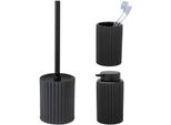 Badaccessoire-Set "»Soliera«", Schwarz, Geriffelt, Edelstahl, Keramik, Schöner WOHNEN-KOLLEKTION, Badaccessoires-Sets, Zahnputzbecher, Seifenspender & Wc-Garnitur, Keramik, Rillenstruktur
