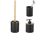 Badaccessoire-Set "»Zena«", Schwarz, Strukturiert, Edelstahl, Keramik, SchÖNer WOHNEN-KOLLEKTION, Badaccessoires-Sets, Zahnputzbecher, Seifenspender & Wc-Garnitur, Aus Keramik Mit Bambus