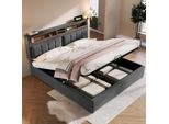 Letto Imbottito Flieks 140X200Cm Con Usb E Prese Di Corrente, Letto A Molle Insacchettate Letto Matrimoniale Con Contenitore, Letto Contenitore Letto Giovanile Con Rete A Doghe, Lino, Grigio