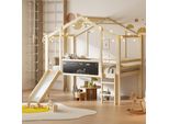 Letto A Castello Per Bambini Merax 90X200 Cm Con Scivolo, Letto A Casetta In Legno Massiccio Con Scala E Pannello Per Graffiti, Letto A Soppalco Sicuro E Salvaspazio Con Ringhiera, Natura