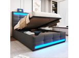 Letto Imbottito Merax 90X200 Con Contenitore Idraulico, Letto Matrimoniale Con Usb E Striscia Luminosa A Led, Testata Regolabile In Altezza, Tessuto Di Lino, Grigio
