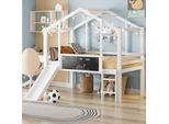 Letto A Castello Per Bambini Merax 90X200 Cm Con Scivolo, Letto A Casetta In Legno Massiccio Con Scala E Pannello Per Graffiti, Letto A Soppalco Sicuro E Salvaspazio Con Ringhiera, Bianco
