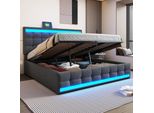 Letto Imbottito Merax 180X200 Con Contenitore Idraulico, Letto Matrimoniale Con Usb E Striscia Luminosa A Led, Testata Regolabile In Altezza, Tessuto Di Lino, Grigio