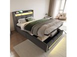 Letto Imbottito Idraulico Merax 90X200 Cm Per Bambini Con Illuminazione A Led E Presa Usb, Letto Singolo Con Contenitore Sulla Testata, Tessuto Di Lino Grigio