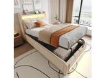 Letto Imbottito Idraulico Merax 90X200 Cm Per Bambini Con Illuminazione A Led E Presa Usb, Letto Singolo Con Contenitore Sulla Testata, Tessuto Di Lino Beige