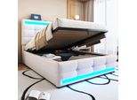 Letto Imbottito Merax 90X200 Con Contenitore Idraulico, Letto Matrimoniale Con Usb E Striscia Luminosa A Led, Testata Regolabile In Altezza, Tessuto Di Lino, Beige