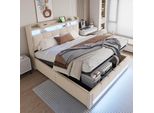 Letto Imbottito Idraulico Merax 180X200 Cm Per Bambini Con Illuminazione A Led E Presa Usb, Letto Singolo Con Contenitore Sulla Testata, Tessuto Di Lino Beige