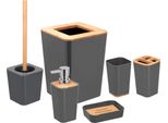 Bremermann Set Da Bagno 6 Pezzi Calvi | Con Scopino Dispenser Sapone Secchio Cosmetico Portasapone Portaspazzolino Tumbler, Grigio