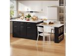 Isola Da Cucina Flieks Con Tavolo Da Pranzo Allungabile Bianco, Piano Di Lavoro In Legno Marmorizzato Bianco, Mobile Da Cucina Con Ampio Spazio Di Archiviazione, Nero