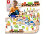 Set Mondo Classico Binario Ferroviario Treno In Legno + Figure 110 Pezzi.