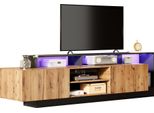 Mobile Tv 190 Cm, Moderno Banco Tv Con Illuminazione Led, 2 Ante E Vani A Giorno, Nero
